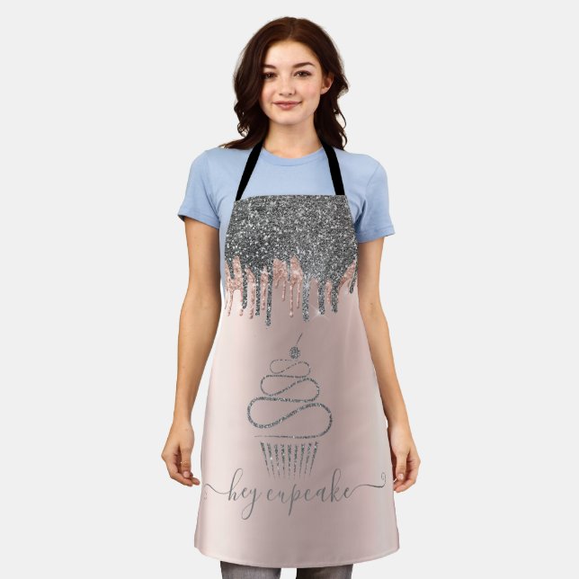 Tablier Cupcake Rose Gold aux Gouttes de Paillettes Argent (Porté)