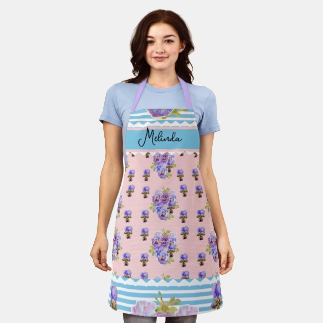 Tablier Custom French Pastel Pink Blue Pansy Womans Name (Porté)