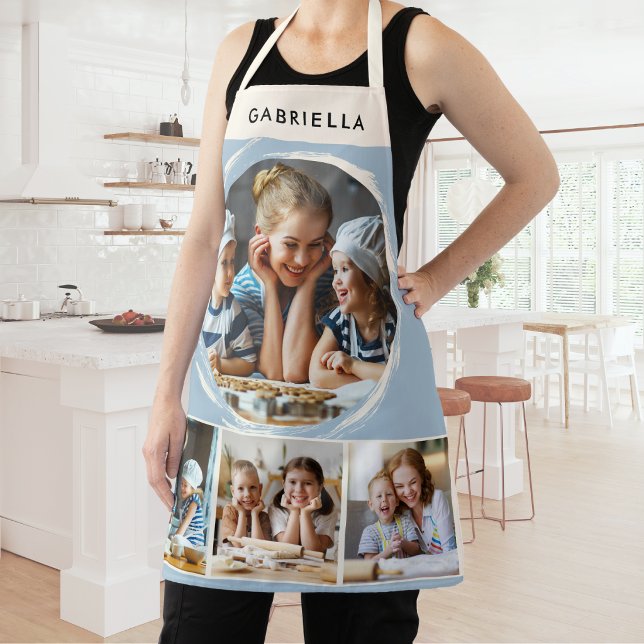 Tablier Custom Name 4 Photo Collage Elegant Blue Kitchen (A stylish kitchen apron in light blue and cream, with four custom photos and personalized name)