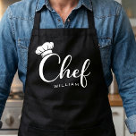 Tablier Custom Name Chef Apron for Men or Women<br><div class="desc">Simple, elegant, and timeless, this custom chef apron features a stylish script “Chef” design with a classic chef hat icon and personalized name detail. The clean black-and-white layout gives it a modern look that works beautifully for cooking, baking, grilling, meal prep, and entertaining. Suitable for home chefs, bakers, food lovers,...</div>