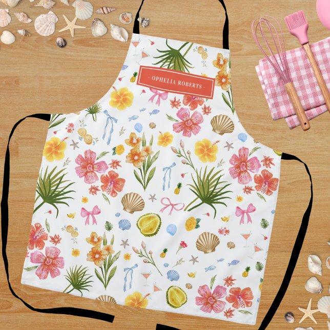 Tablier Custom Name Tropical Floral Shells Summer Kitchen (Créateur téléchargé)