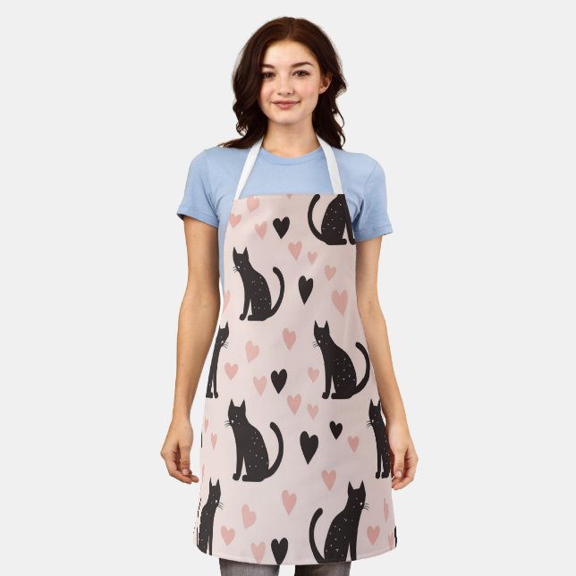 Tablier Cute Black Cat Motif Apron - Coeurs & Whiskers (Porté)