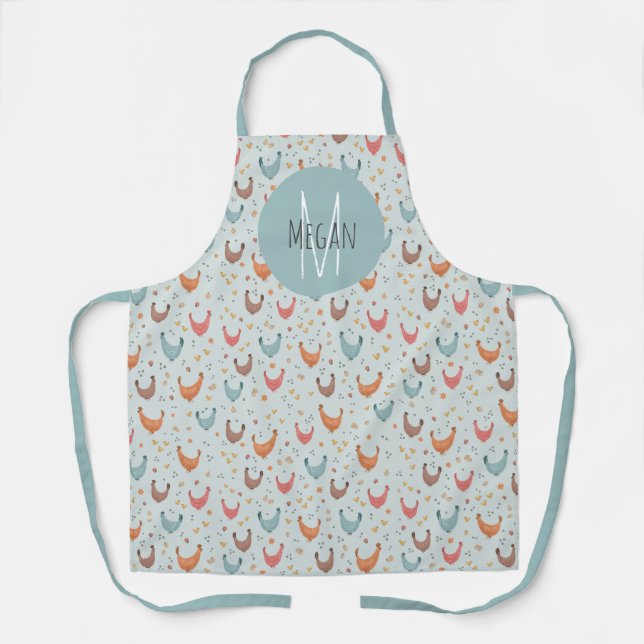 Tablier Cute Blue Monogram Poulet ferme Motif cuisine (Recto)