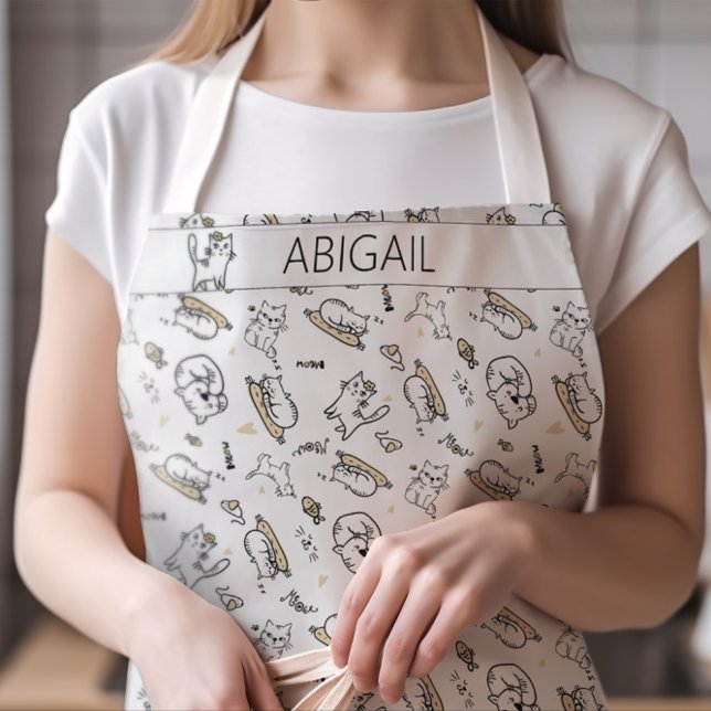 Tablier Cute Chats Motif et nom ou Monogramme Blanc (Cute Cats and Kittens Pattern Apron with Your Name -- The Perfect Gift for Vet Assistants!)