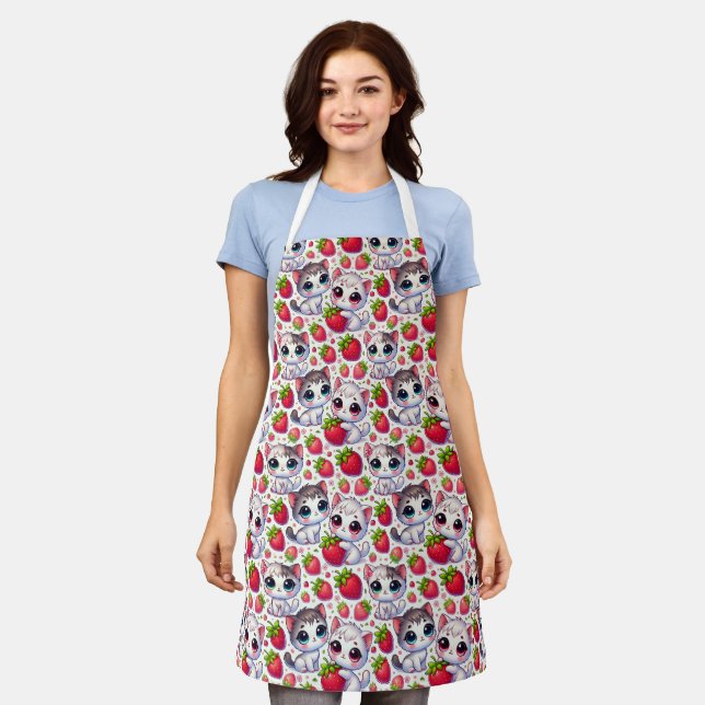 Tablier Cute Chibi Chats et fraises Apron - Adorable (Porté)