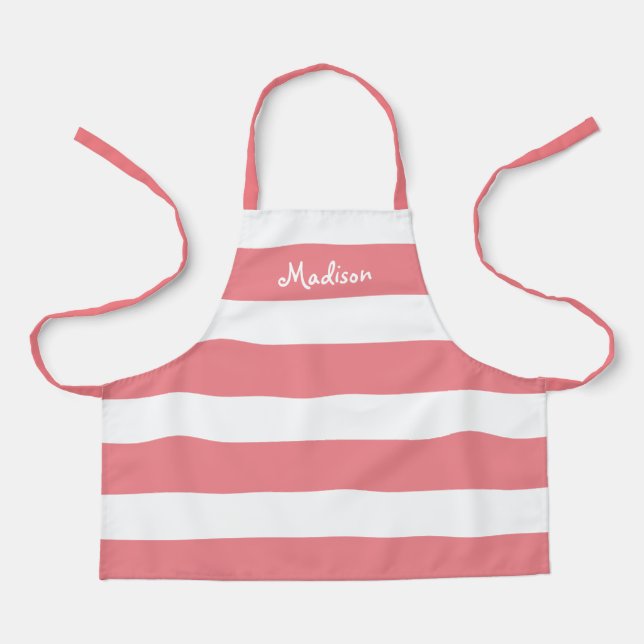 Tablier Cute Coral Rose Blanc Stripes Enfants Personnalisé (Recto)
