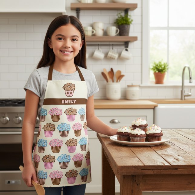 Tablier Cute Cupcake Personnalisé Enfants Cuisine Apron (Cute kids apron with custom name and kawaii cupcake print. Great gift for a girl who loves to bake.)