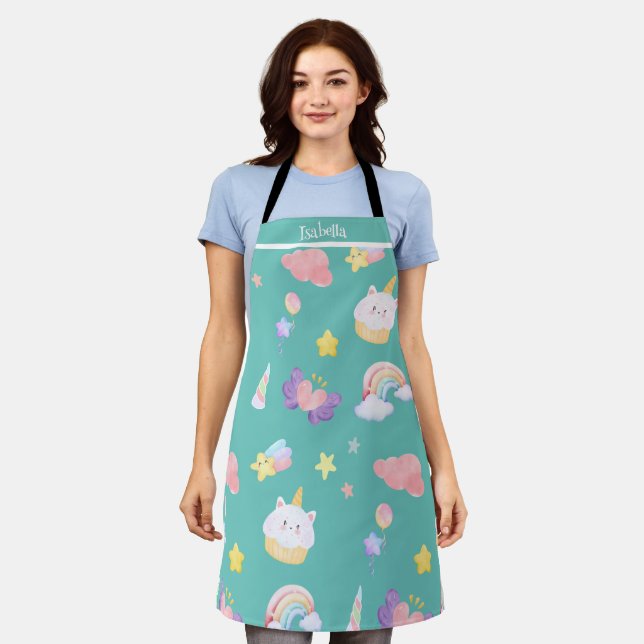 Tablier Cute doux cupcake unicorn arc-en-ciel nom Motif (Porté)