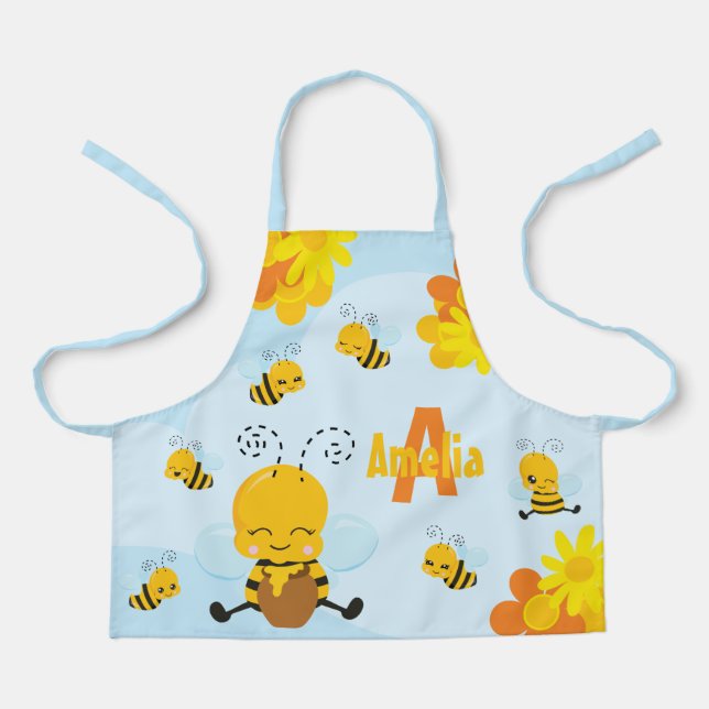 Tablier Cute Happy Bumble Bee with Flowers (Recto)