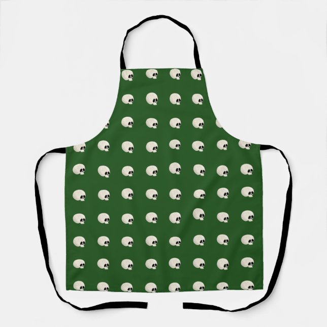 Tablier Cute Kawaii Halloween Crâne Pois vert foncé (Recto)