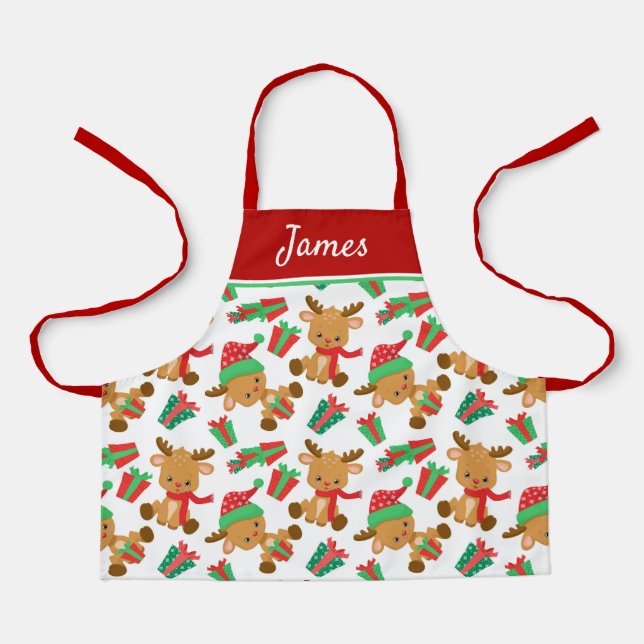 Tablier Cute Modern Christmas Reindeer Nom personnalisé (Recto)