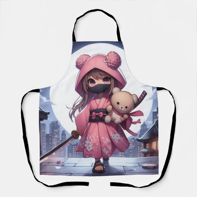 Tablier Cute ninja guerrière fille & teddy (Recto)