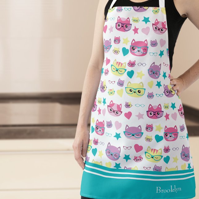 Tablier Cute Pastel Chats Avec Verres Motif, Turquoise (Créateur téléchargé)