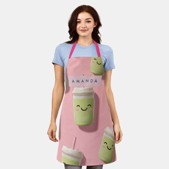 Tablier Cute personnalisée Kawaii Pastel Smoothie Matcha (Porté)