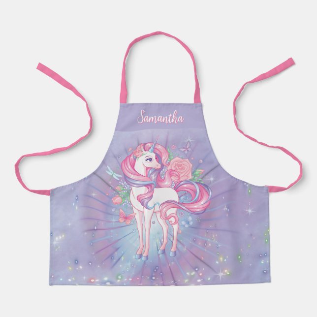 Tablier Cute Personnalisée Unicorne Rose & Butterflies fil (Recto)