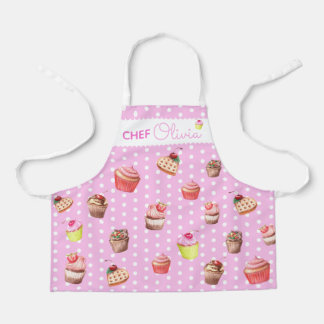 Tablier Cute Pink Polka Dot Chef Personnalisé Cupcake Apro