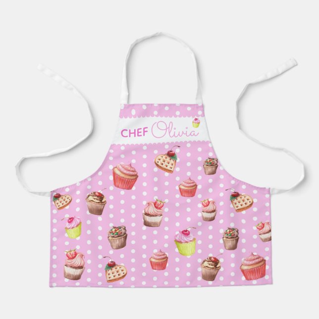 Tablier Cute Pink Polka Dot Chef Personnalisé Cupcake Apro (Recto)