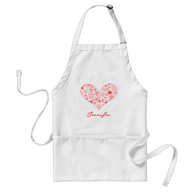 Tablier Cute Red Valentine's Day Floral Heart Nom personna (Devant)
