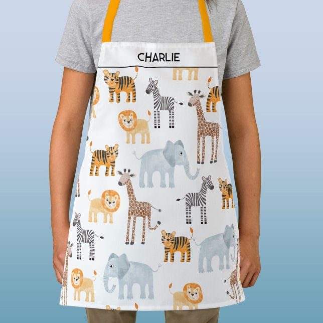 Tablier Cute Safari Animal Aquarelle Nom personnalisé (Personalized custom name fun baby safari animal apron with watercolor lion, tiger, zebra and more)