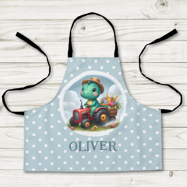 Tablier Cute Trex Dinosaur conduisant un tracteur rouge (Créateur téléchargé)
