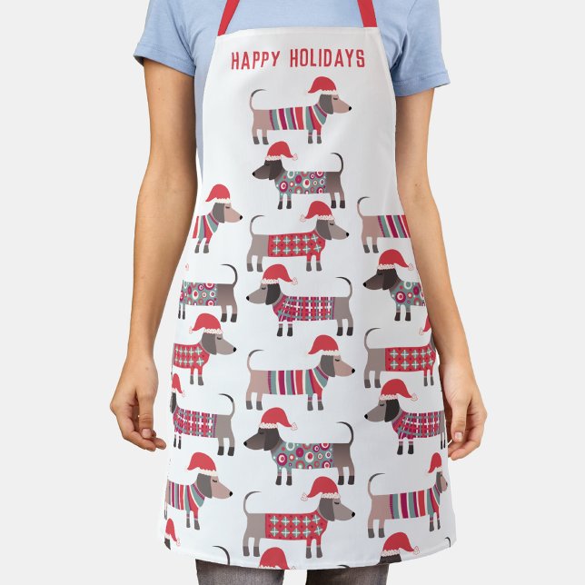 Tablier Dachshund Chien Saucisse Joyeuses Fêtes (Fun Dachshund wiener sausage dogs in Santa hats Christmas winter holidays apron)