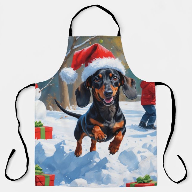 Tablier Dachshund Courir en neige avec Casquette de Noël (Recto)