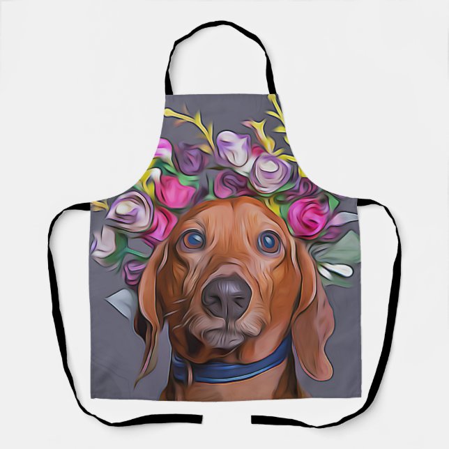 Tablier Dachshund Près De Dachshund Portant Des Fleurs (Recto)