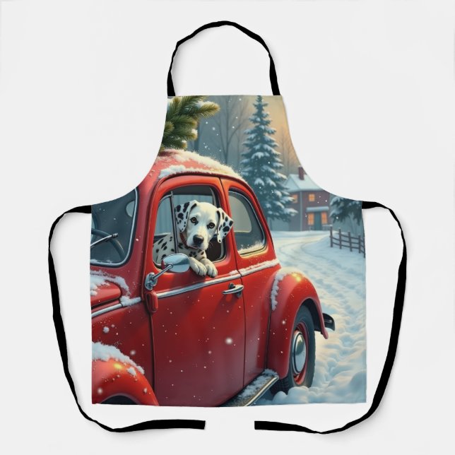 Tablier Dalmatian Snowy Car Ride Christmas Painting (Recto)
