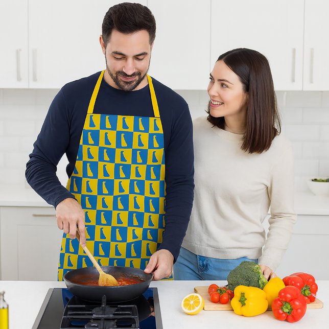 Tablier Damier bleu jaune or du Delaware (An apron with a blue and yellow gold pattern featuring the US state of Delaware.)