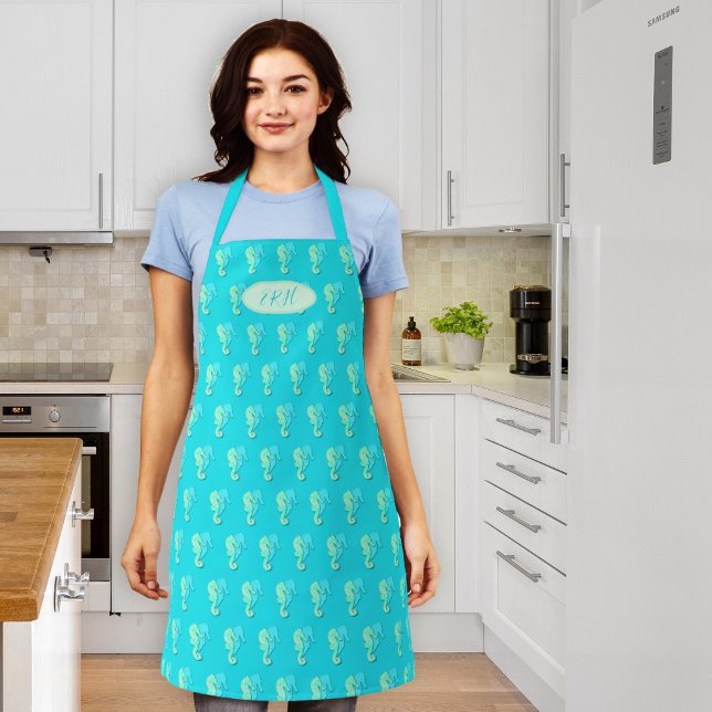 Tablier de chef monogrammé motif hippocampes bleu  (Créateur téléchargé)