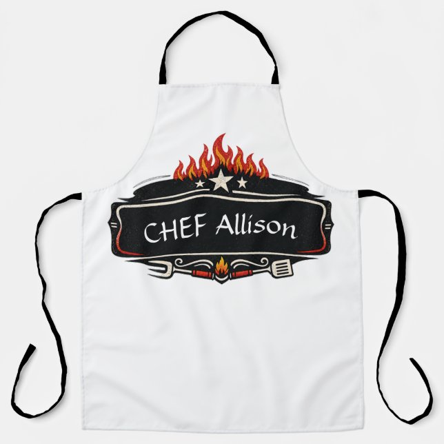 Tablier de chef personnalisé avec flammes | Nom pe (Recto)