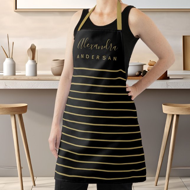 Tablier de chef personnalisé en noir et or (Elegant Script Name Monogram Black Gold Stripes Apron)