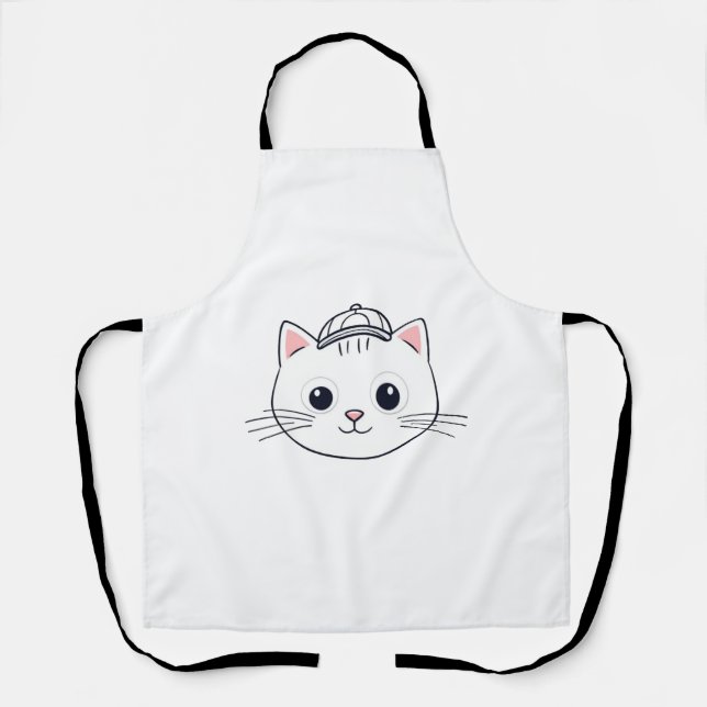 Tablier de cuisine à bavette blanche avec chat de  (Recto)