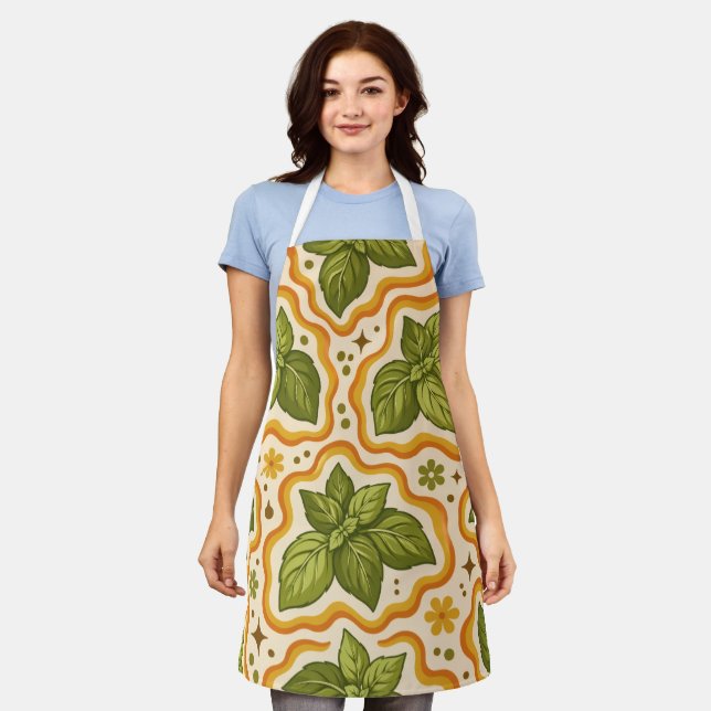 Tablier de cuisine à motif basilic (Porté)