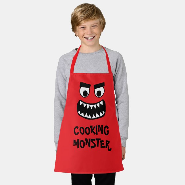Tablier de cuisine drôle rouge monstre pour enfant (Porté)