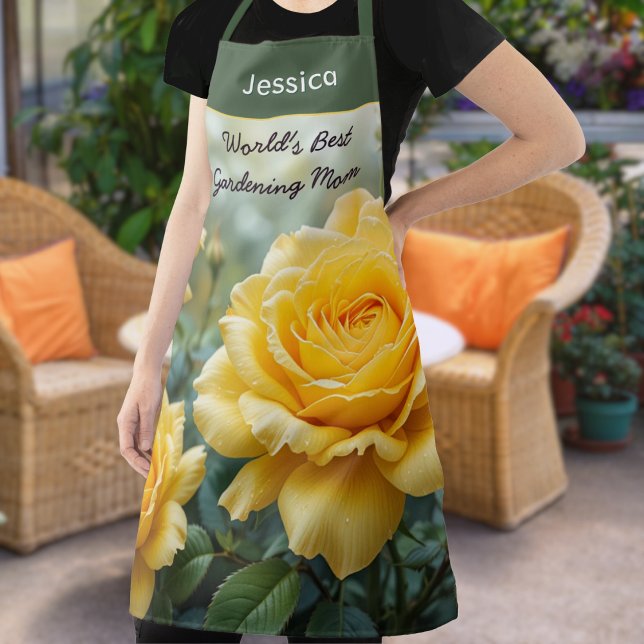 Tablier de cuisine Meilleure Maman du monde Roses  (A personalized apron for the 'World's Best Gardening Mom' with yellow rose picture)