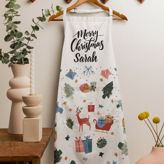 Tablier de cuisine motif Joyeux Noël aquarelle (Créateur téléchargé)