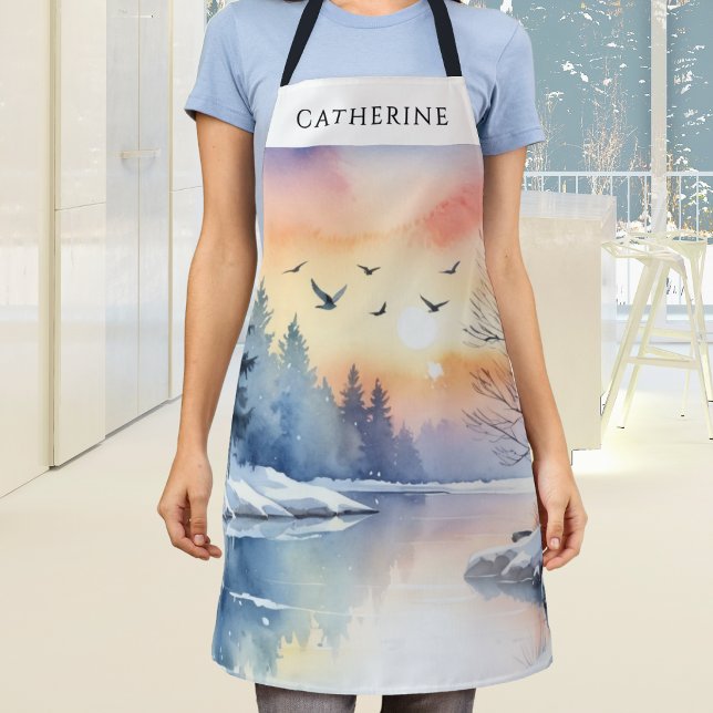 Tablier de cuisine personnelisé pour le lac enneig (A personalized kitchen apron with winter lake and birds picture in a watercolor style)