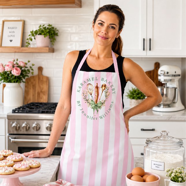 Tablier de cuisine pour ustensiles floraux Boulang (Pink stripe Utensils Cooking Bow Apron)