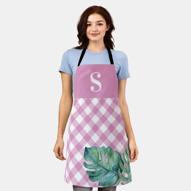 Tablier de cuisine rose tropical monogrammé pour e (Porté)