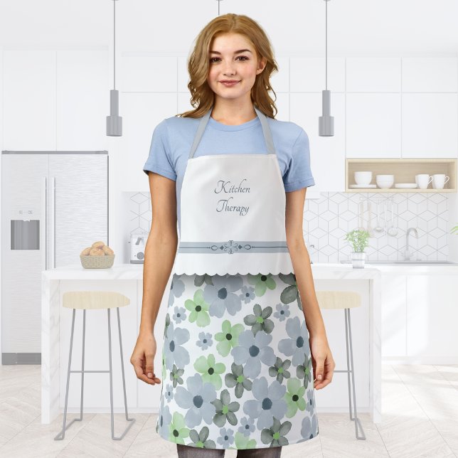 Tablier de cuisine vert et gris à fleurs délicates (Delicate Blooms Green and Gray Kitchen Apron)