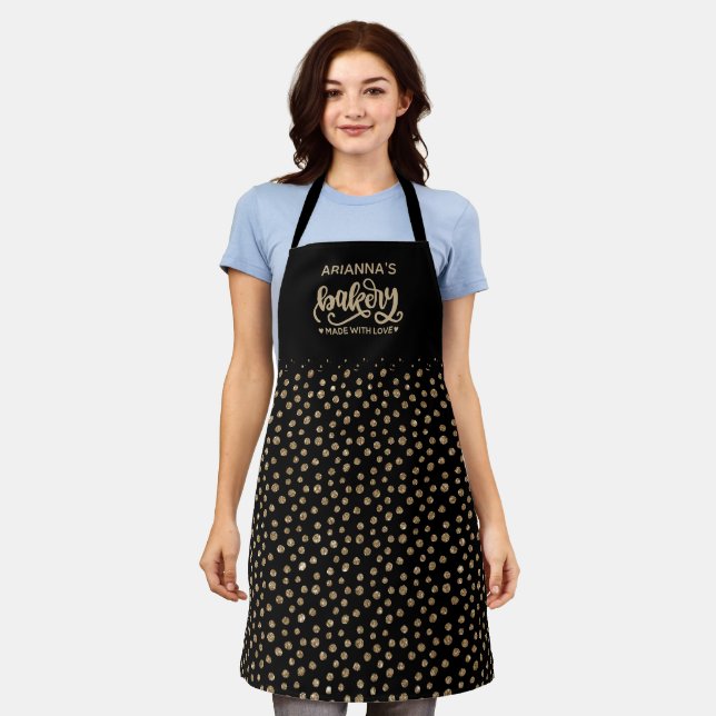 Tablier de cuisson à pois dorés chic pour pâtissie (Porté)
