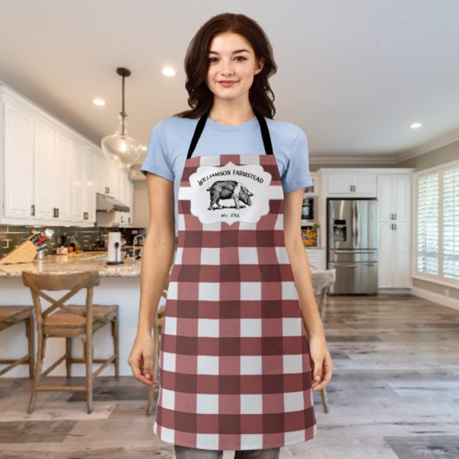 Tablier de ferme à carreaux rouges buffle Cochon (Red Buffalo Plaid Farm Pig Personalized Apron)