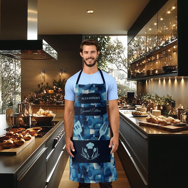 Tablier de gourmet abstrait bleu - Vêtements de cu (Créateur téléchargé)