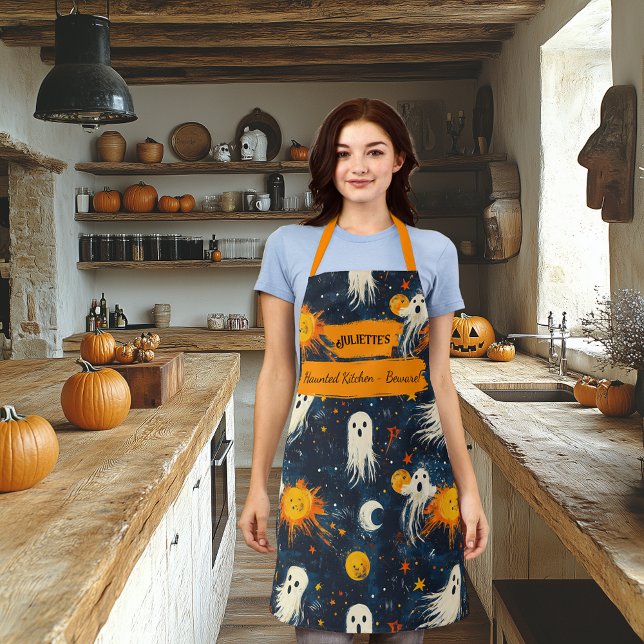 Tablier de Halloween bleu minuit avec fantômes et  (Créateur téléchargé)
