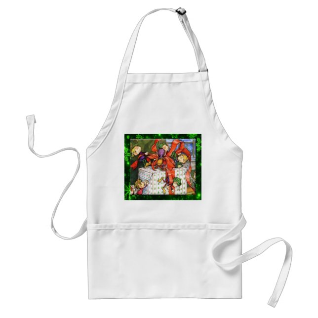Tablier de lutins joyeux emballant un cadeau (Devant)