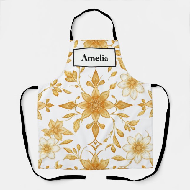 Tablier de luxe Art Déco à motif floral doré (Recto)