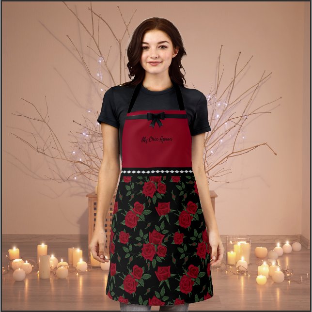 Tablier de mode de jardin de rose rouge et noir ch (Chic Rose Garden Kitchen Apron)