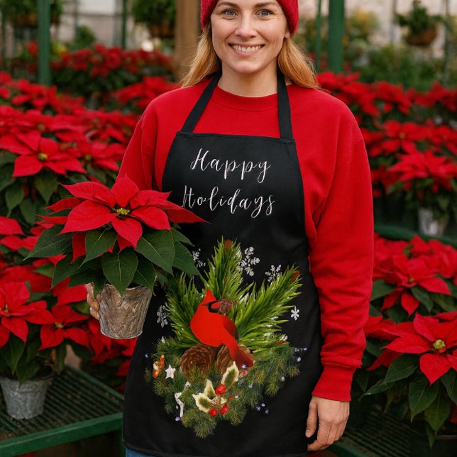 Tablier Décoration de Noël en verdure noire  (Festive Red Cardinal bird Christmas / winter holiday apron for her)