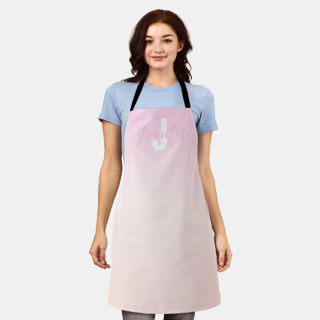 Tablier Dégradé ombré rose clair et pêche Nom et monogramm (Porté)